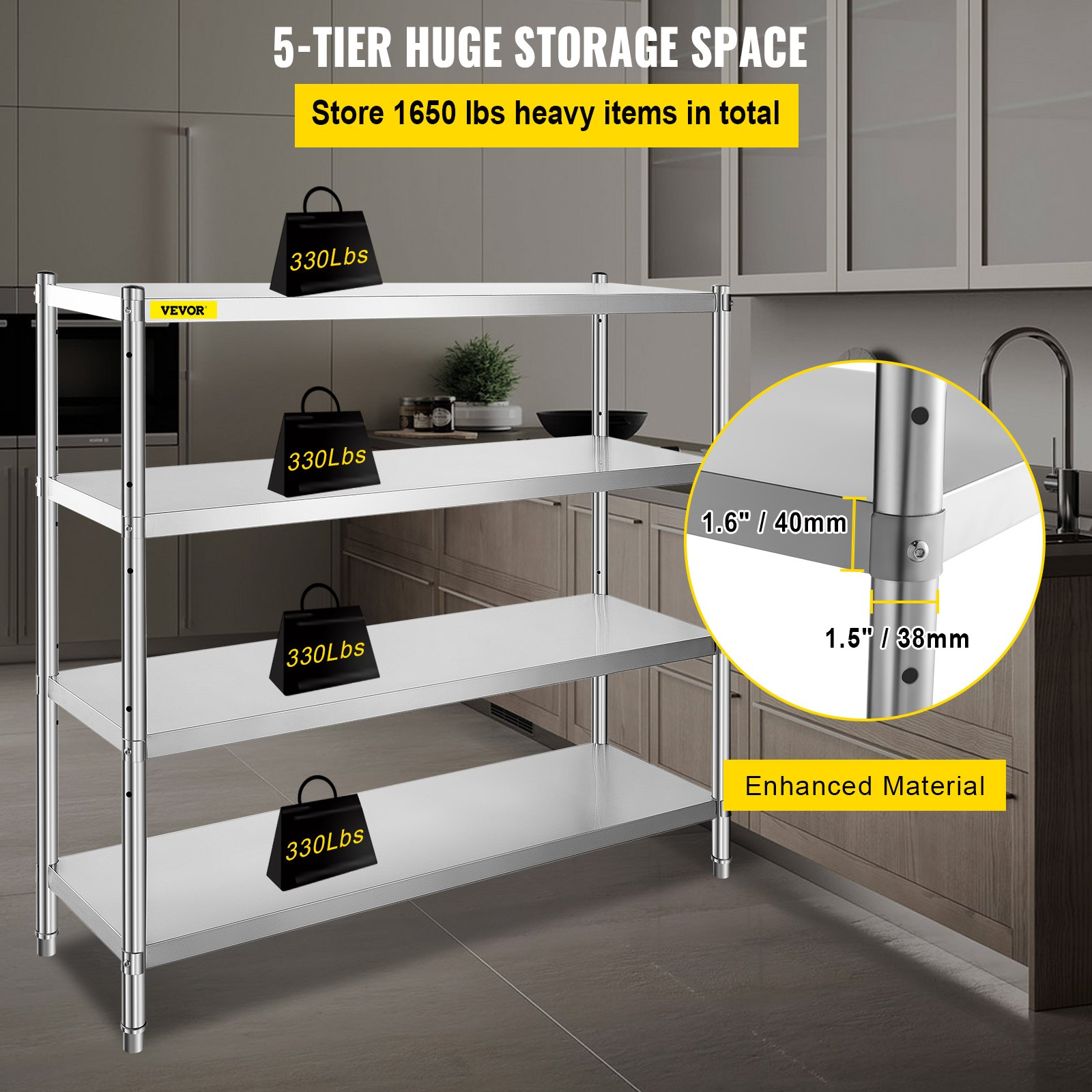 VEVOR Storage Shelf, 4-Tier Stainless Steel Shelving, Storage Shelving Unit, 70.9 x 17.7 x 59.1 Inch Heavy Duty Storage Rack Shelving, 1320 Lbs Total Capacity with Adjustable Height