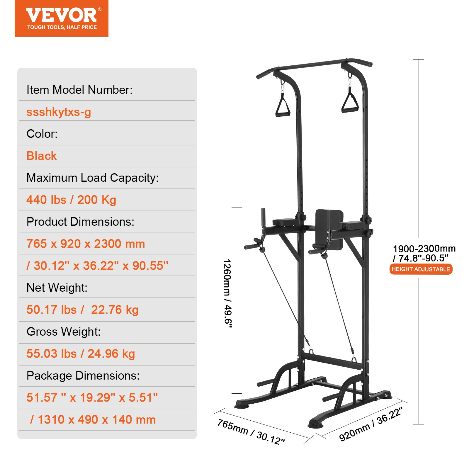 VEVOR Power Tower Dip Station, 10-Level Height Adjustable Pull Up Bar Stand, Multi-Function Home Gym Strength Training Fitness Workout Equipment with 7-Level Adjustable Backrest, PU Elbow Pads, 440LBS