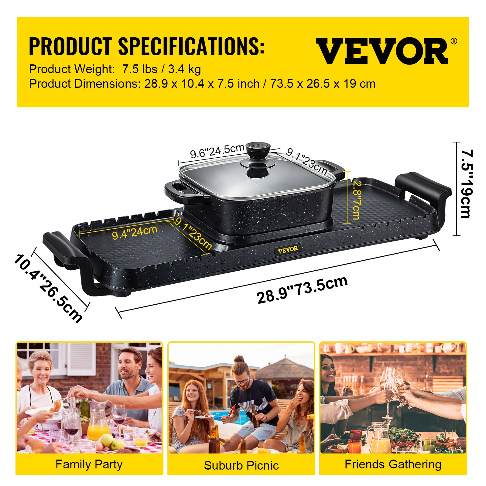 VEVOR 2 in 1 Electric Grill and Hot Pot, 2400W BBQ Pan Grill and Hot Pot, Multifunctional Teppanyaki Grill Pot with Dual Temp Control, Smokeless Hot Pot Grill with Nonstick Coating for 1-8 People