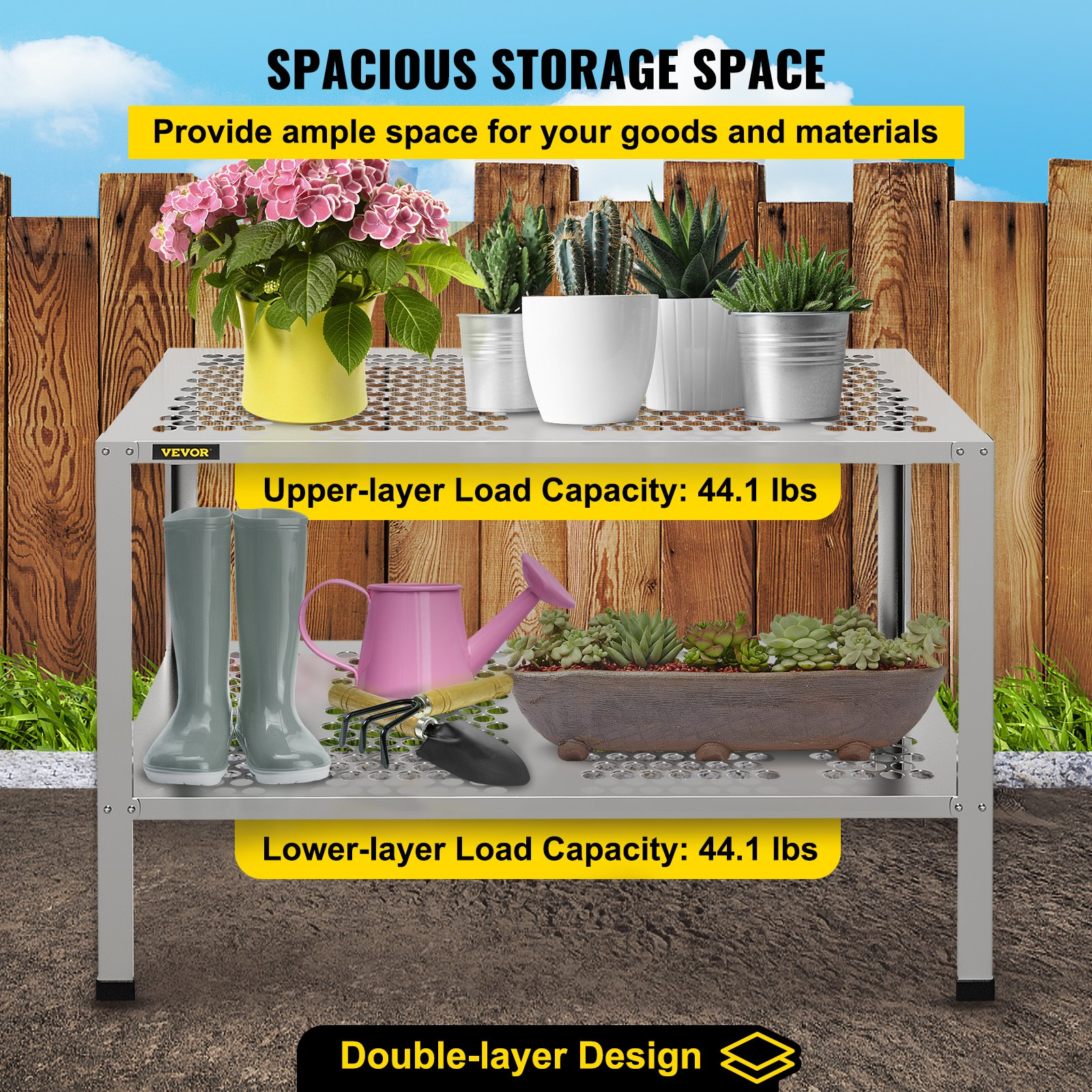 VEVOR Potting Bench, 42" L x 24" W x 32" H, Aluminum Alloy Outdoor Workstation with Rubber Feet, Multi-use Double Layers Gardening Table for Greenhouse, Patio, Porch, Backyard, Silver