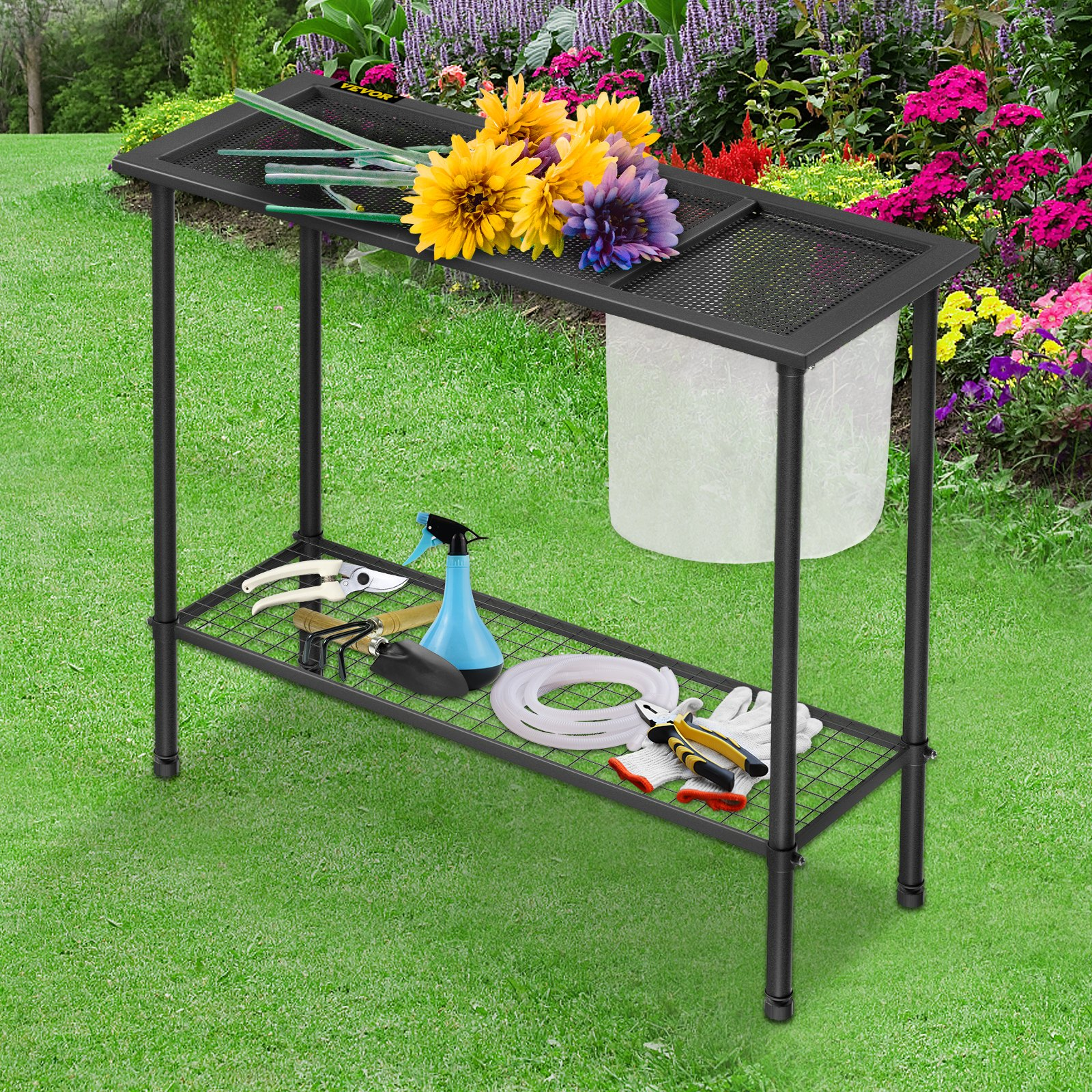 VEVOR Potting Bench, 39" L x 15" W x 33" H, Steel Outdoor Workstation with Rubber Feet & Mesh Bag, Multi-use Double Layers Gardening Table for Greenhouse, Patio, Porch, Backyard, Black