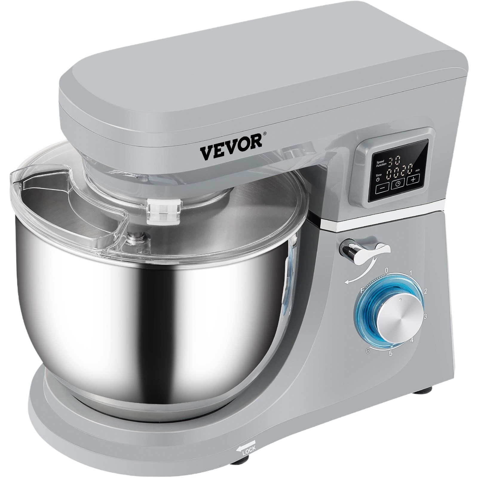 VEVOR Stand Mixer, 660W Electric Dough Mixer with 6 Speeds LCD Screen Timing, Tilt-Head Food Mixer with 7.4 Qt Stainless Steel Bowl, Dough Hook, Flat Beater, Whisk, Scraper, Splash-Proof Cover - Gray