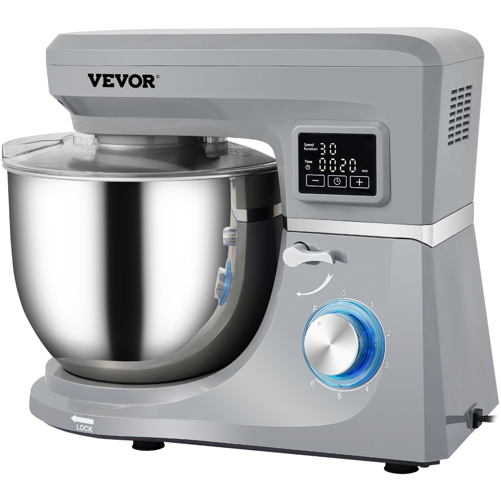 VEVOR Stand Mixer, 660W Electric Dough Mixer with 6 Speeds LCD Screen Timing, Tilt-Head Food Mixer with 7.4 Qt Stainless Steel Bowl, Dough Hook, Flat Beater, Whisk, Scraper, Splash-Proof Cover - Gray