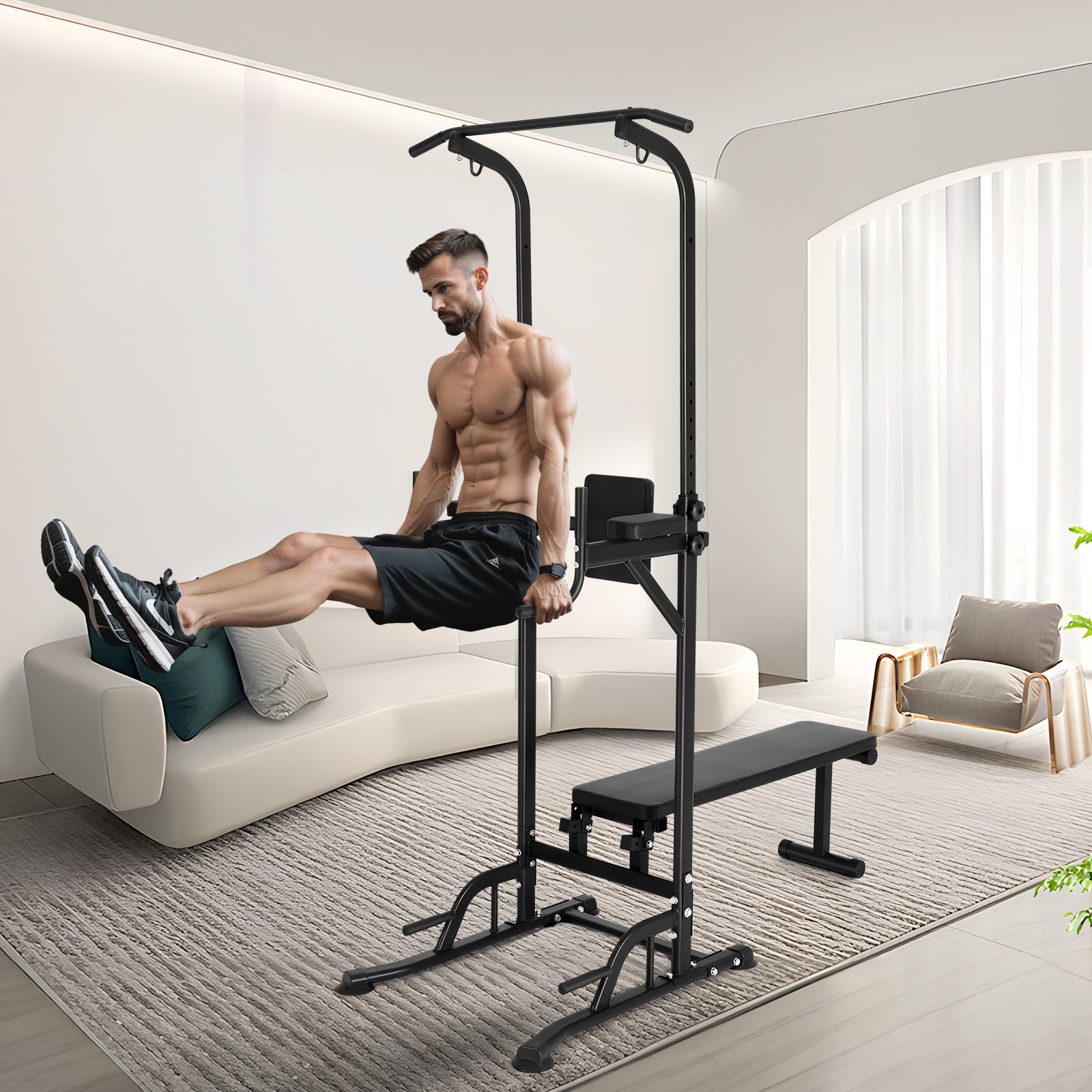 VEVOR Power Tower with Bench, 10-Level Height Adjustable Pull Up Bar Stand Dip Station & Detachable Bench, Multi-Function Home Gym Strength Training Fitness Equipment with Backrest, Elbow Pads, 440LBS