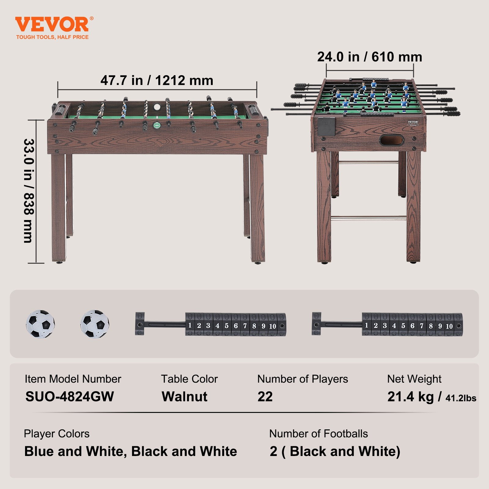 VEVOR Foosball Table, 48 inch Standard Size Foosball Table, Indoor Full Size Foosball Table for Home, Family, and Game Room, Soccer with Foosball Table Set, Includes 2 Balls and 2 Cup Holders