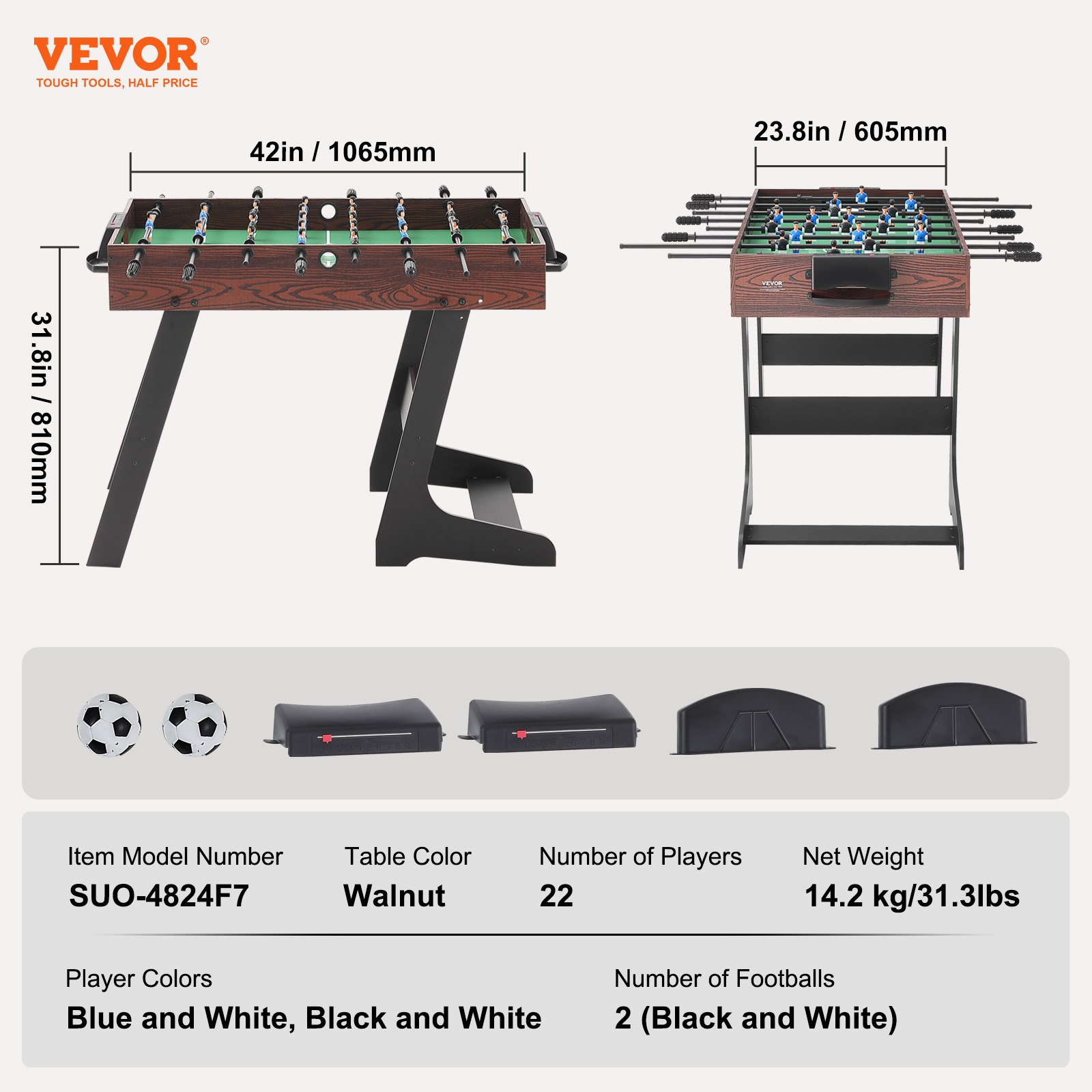 VEVOR Folding Foosball Table, 42 inch Standard Size Foosball Table, Indoor Full Size Foosball Table for Home, Family, and Game Room, Soccer with Foosball Table Set, Includes 2 Balls