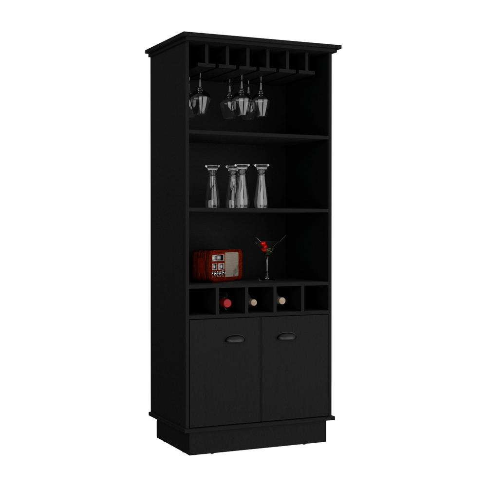 Bar Cabinet with Wine Rack, three Open Storage Shelves and One Cabinet,Black