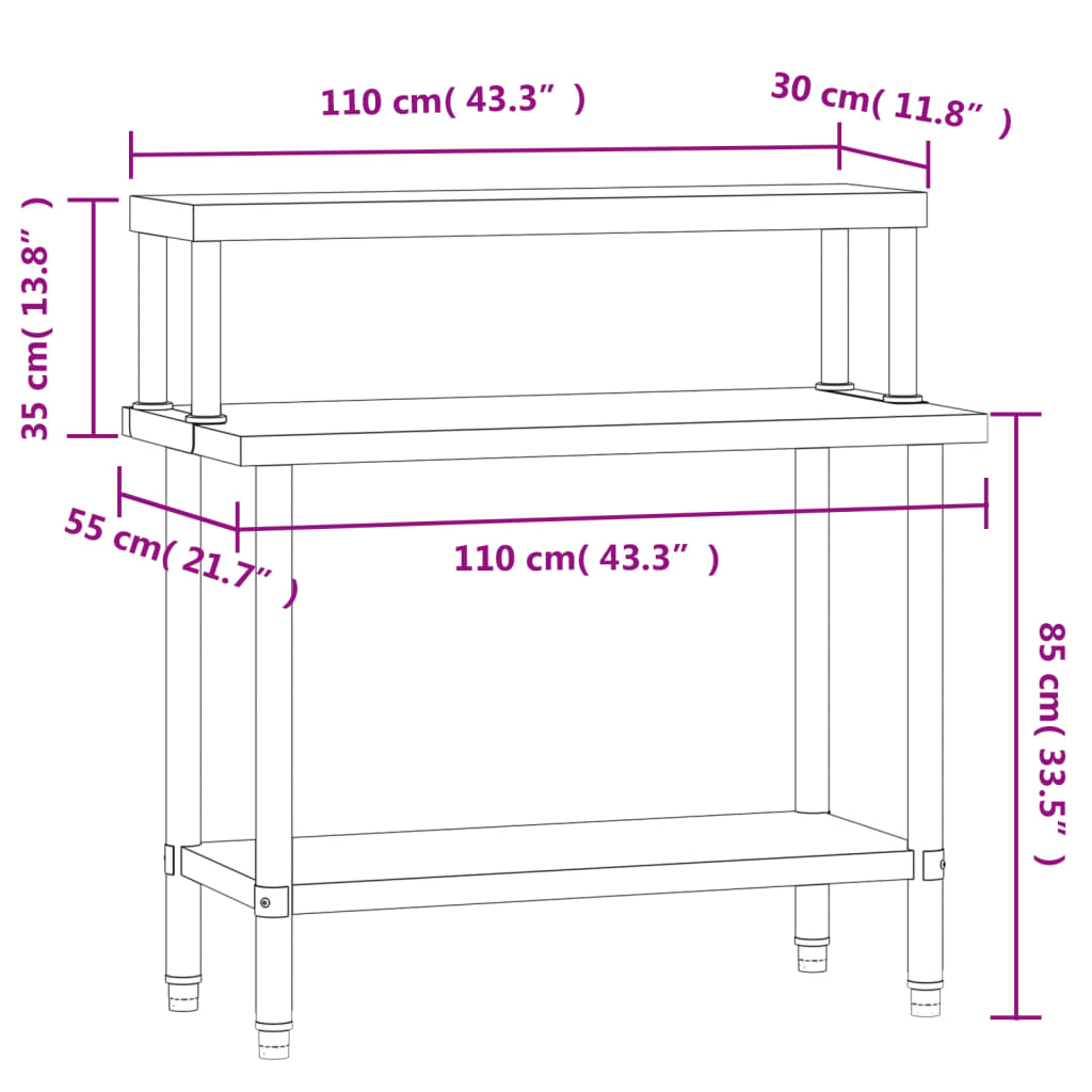 vidaXL Kitchen Work Table with Overshelf 43.3"x21.7"x47.2" Stainless Steel