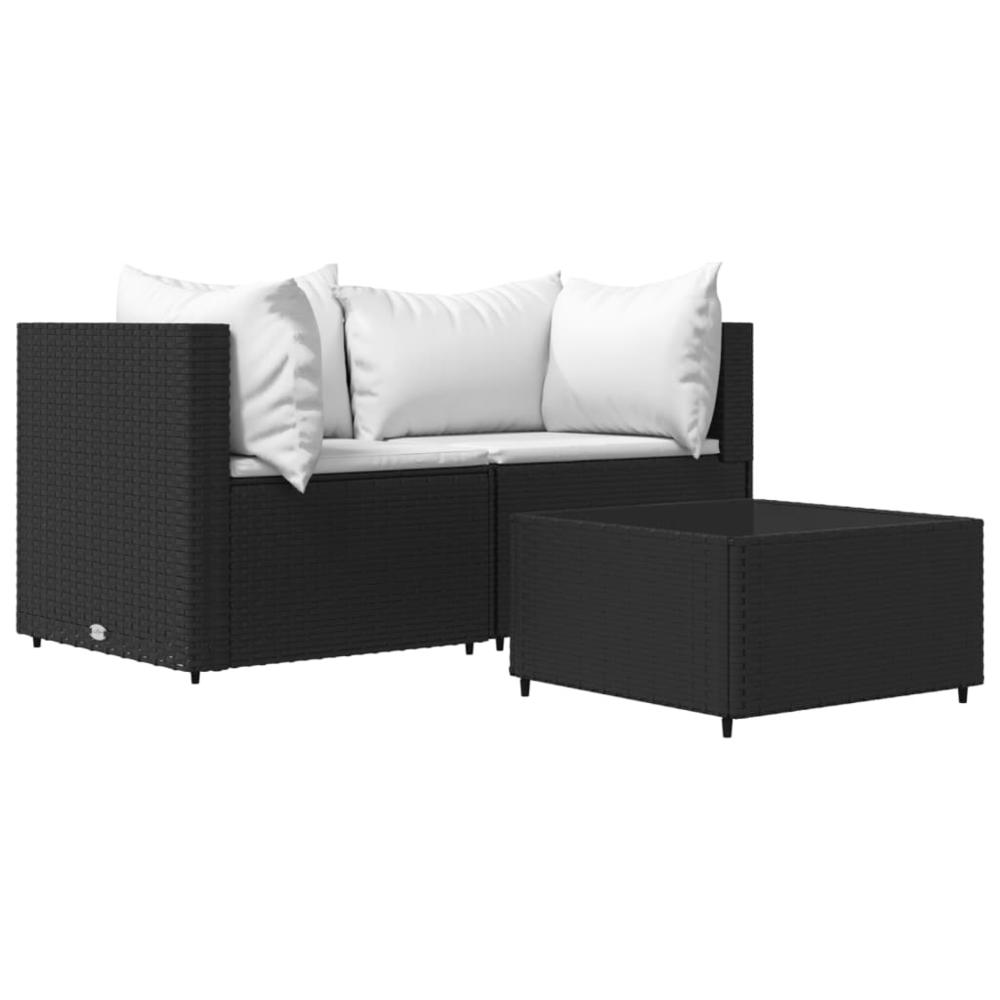 3 Piece Patio Lounge Set with Cushions Black Poly Rattan