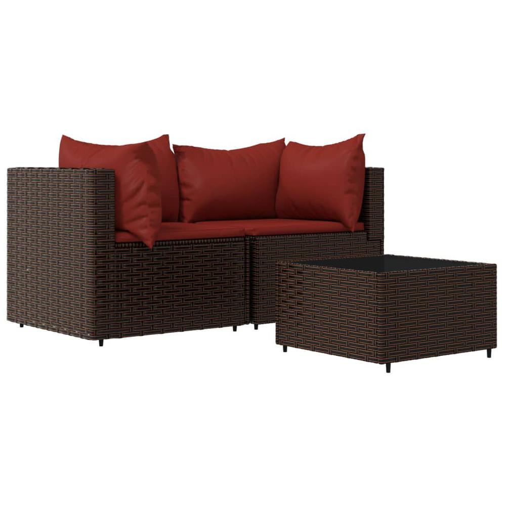 3 Piece Patio Lounge Set with Cushions Brown Poly Rattan