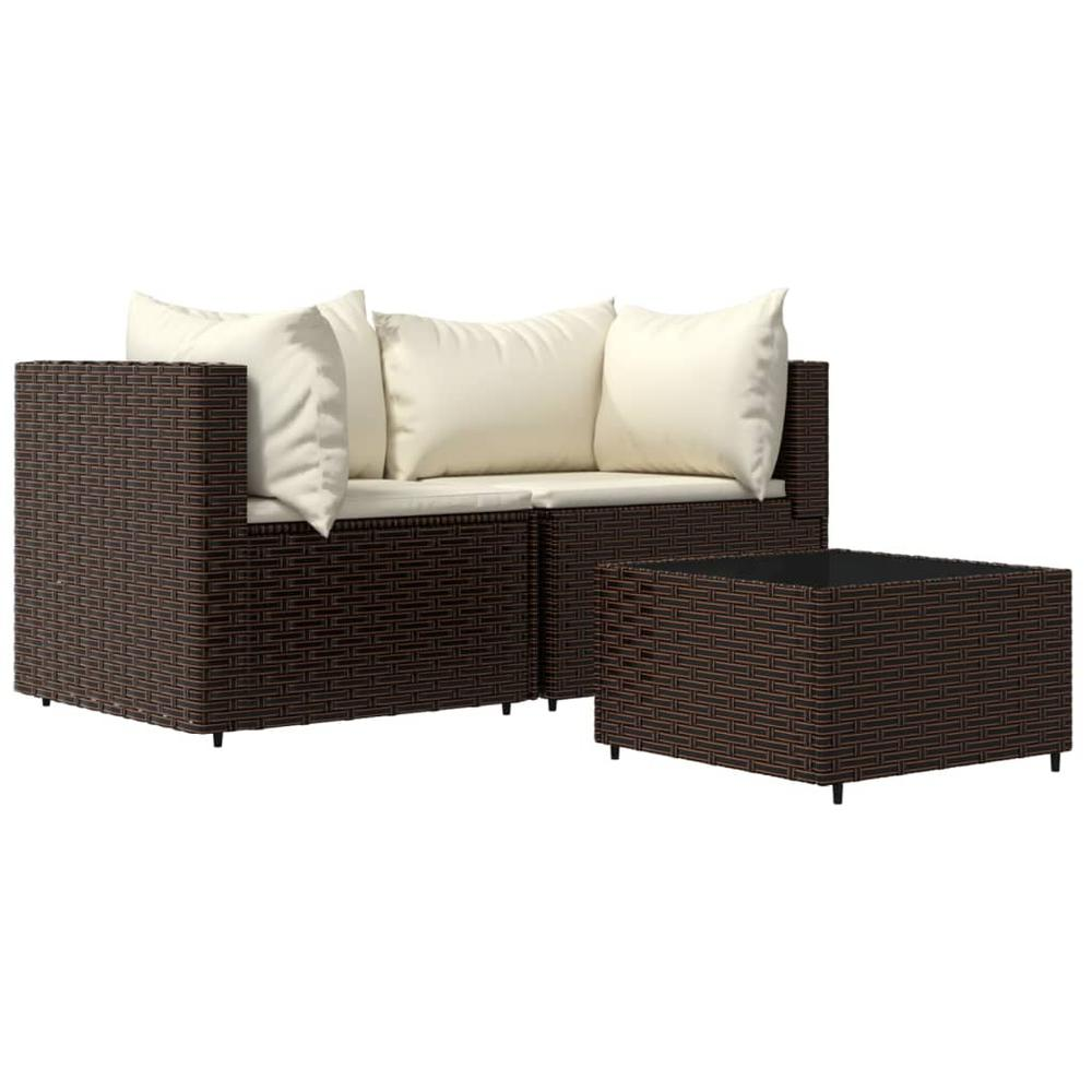 3 Piece Patio Lounge Set with Cushions Brown Poly Rattan