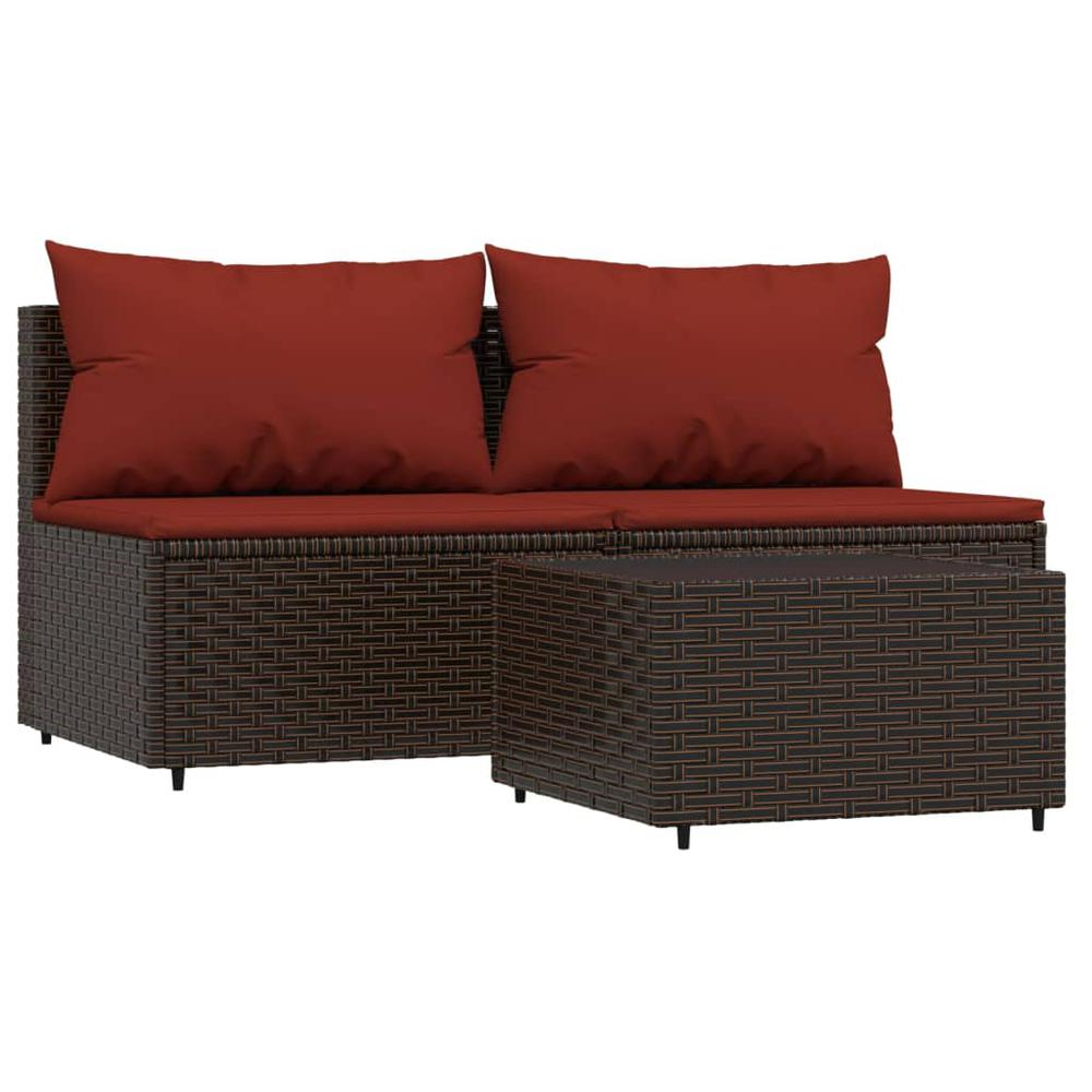 3 Piece Patio Lounge Set with Cushions Brown Poly Rattan