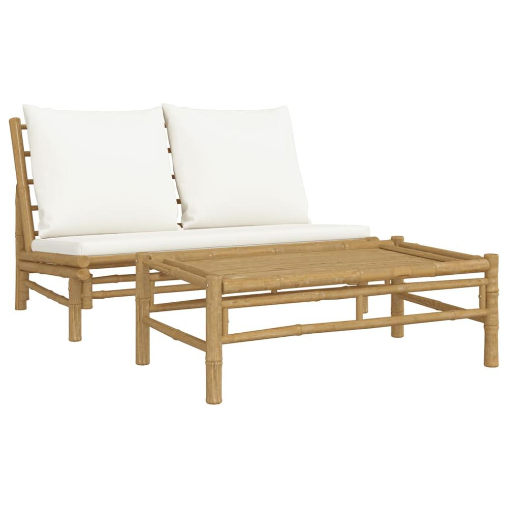 2 Piece Patio Lounge Set with Cream White Cushions Bamboo