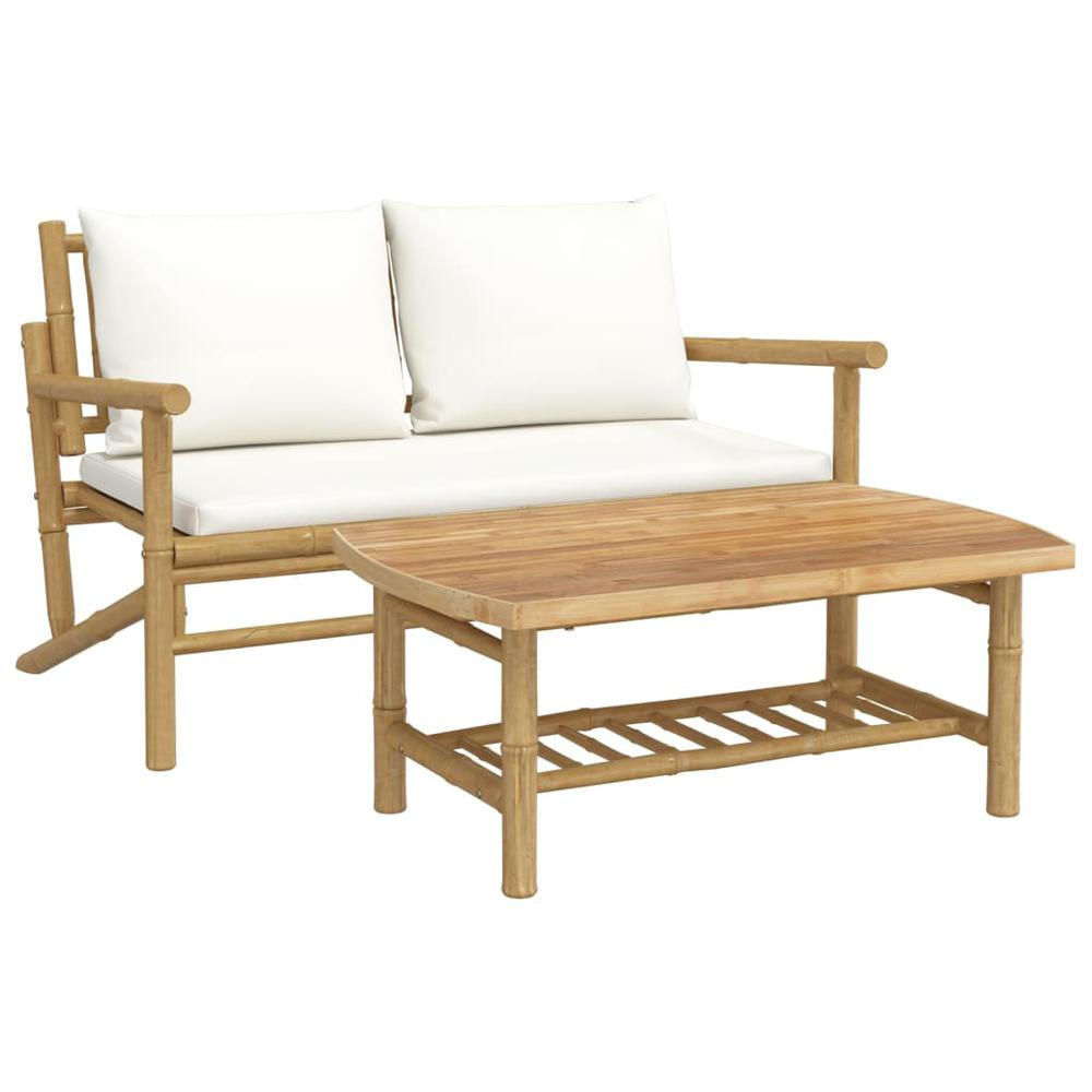 2 Piece Patio Lounge Set with Cream White Cushions Bamboo