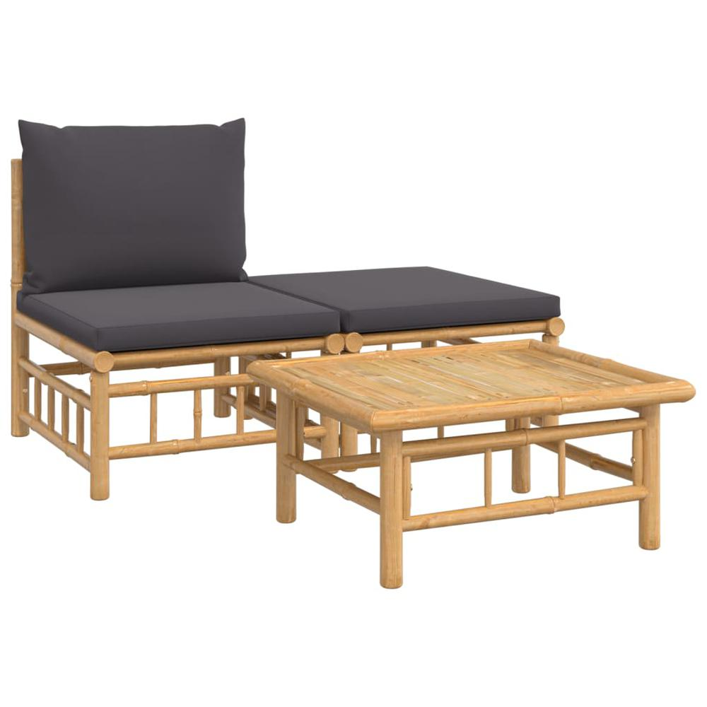 3 Piece Patio Lounge Set with Dark Gray Cushions Bamboo