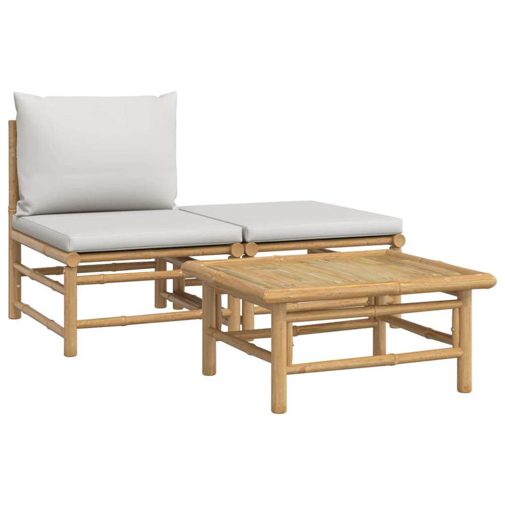 3 Piece Patio Lounge Set with Light Gray Cushions Bamboo