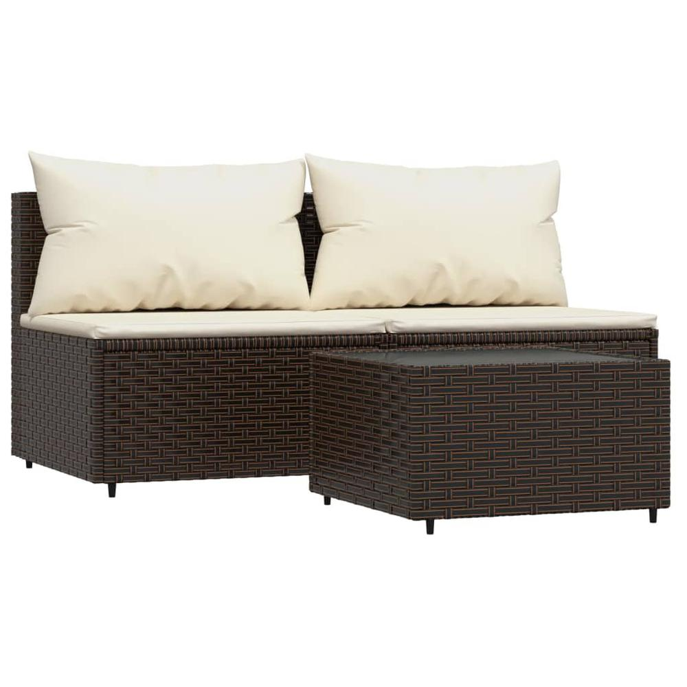 3 Piece Patio Lounge Set with Cushions Brown Poly Rattan