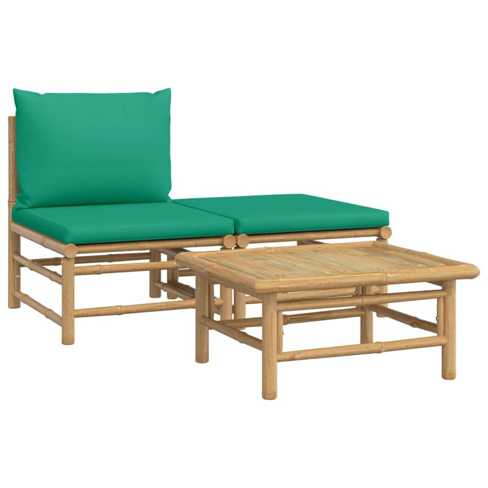 3 Piece Patio Lounge Set with Green Cushions Bamboo