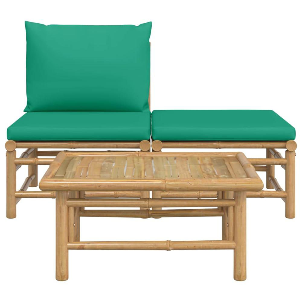 3 Piece Patio Lounge Set with Green Cushions Bamboo