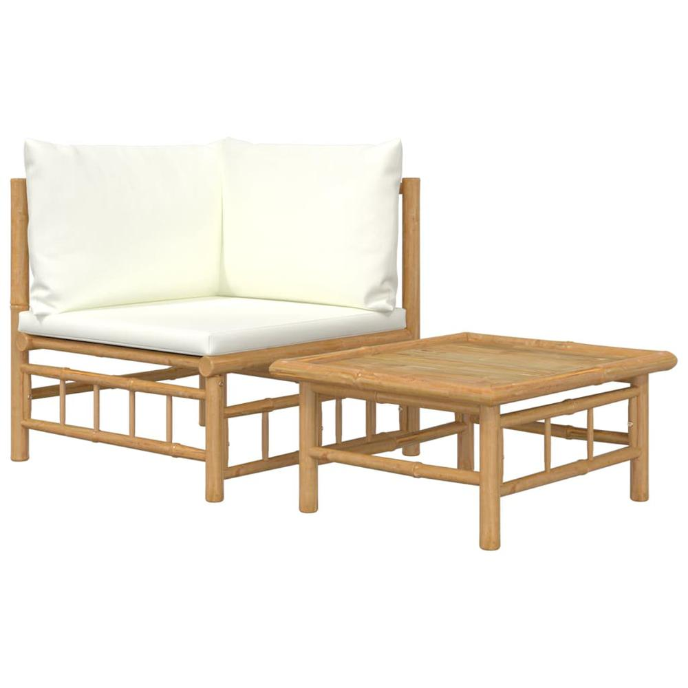 2 Piece Patio Lounge Set with Cream White Cushions Bamboo