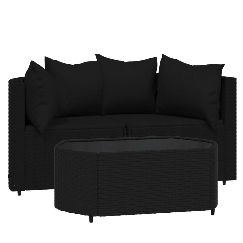 3 Piece Patio Lounge Set with Cushions Black Poly Rattan