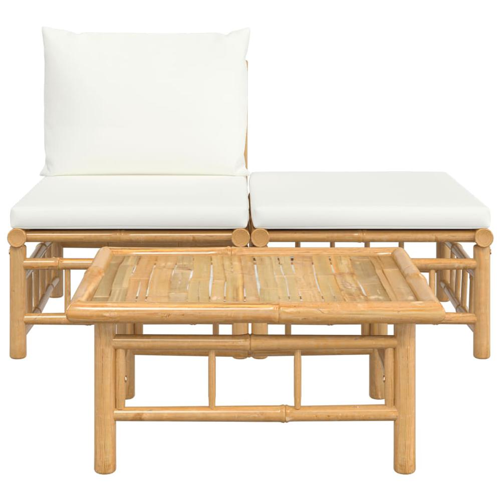 3 Piece Patio Lounge Set with Cream White Cushions Bamboo