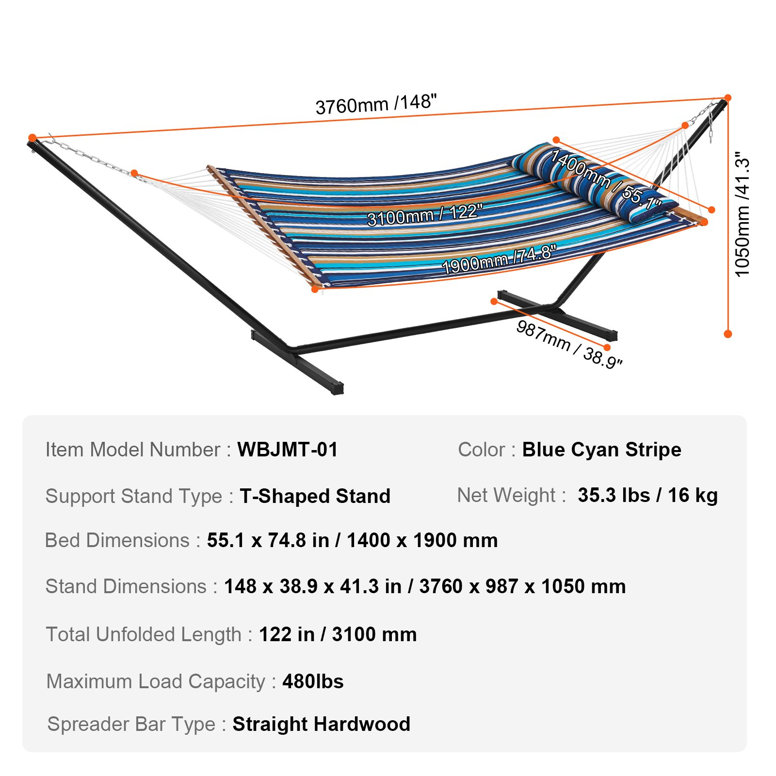 VEVOR Two Person Hammock with Stand Included Heavy Duty 480lb Capacity, Double Hammock with 12 FT Steel Stand and Portable Carrying Bag and Pillow, Freestanding Hammock for Outdoor Patio Yard Beach