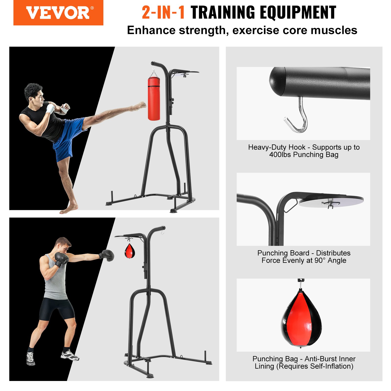 VEVOR 2 in 1 Punching Bag Stand, Steel Heavy Duty Workout Equipment, Adjustable Height Boxing Punching Bag and Speed Bag Stand, Freestanding Sandbag Rack, Holds Up to 400 lbs, for Home Gym Fitness