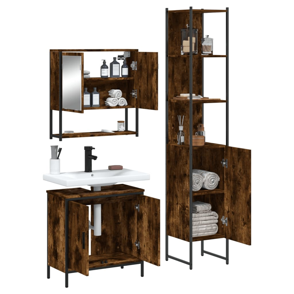 vidaXL 3 Piece Bathroom Furniture Set Smoked Oak Engineered Wood