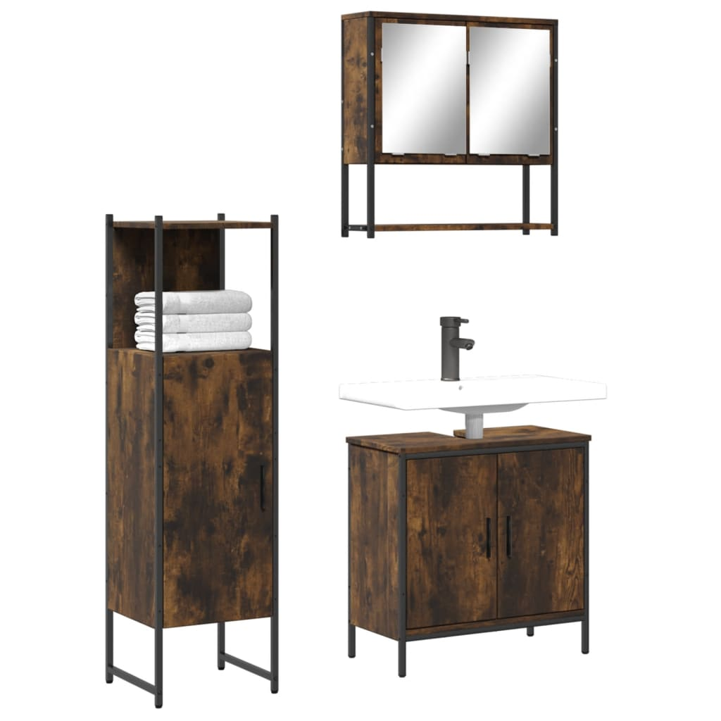 vidaXL 3 Piece Bathroom Furniture Set Smoked Oak Engineered Wood