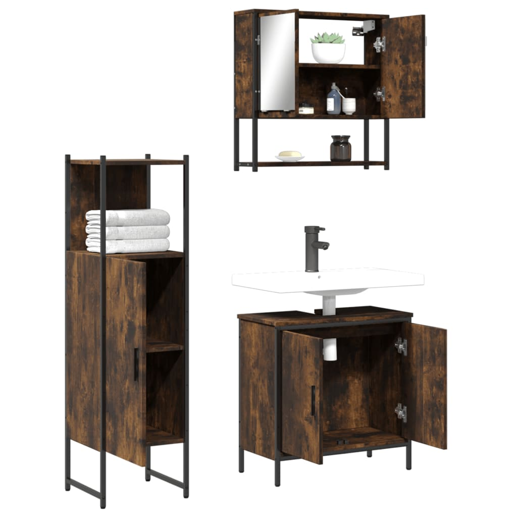 vidaXL 3 Piece Bathroom Furniture Set Smoked Oak Engineered Wood