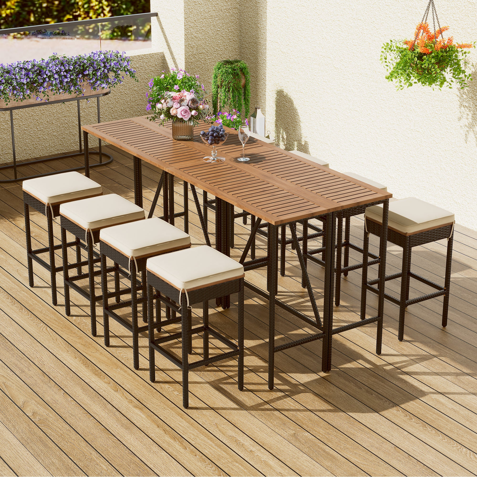 10-Piece Outdoor Acacia Wood Bar Height Table And Eight Stools With Cushions, Garden PE Rattan Wicker Dining Table, Foldable Tabletop, High-Dining Bistro Set, All-Weather Patio Furniture, Brown