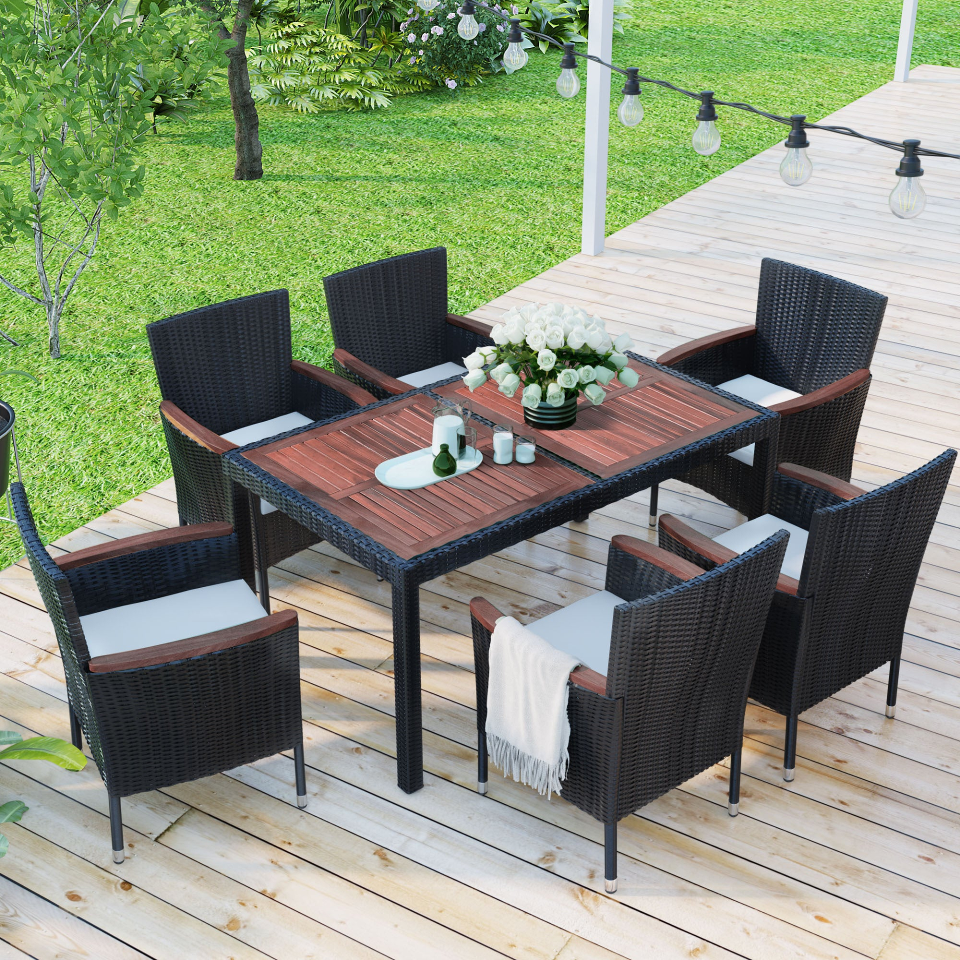 7-Piece Outdoor Patio Dining Set, Garden PE Rattan Wicker Dining Table and Chairs Set, Acacia Wood Tabletop, Stackable Armrest Chairs with Cushions, Reddish-brown