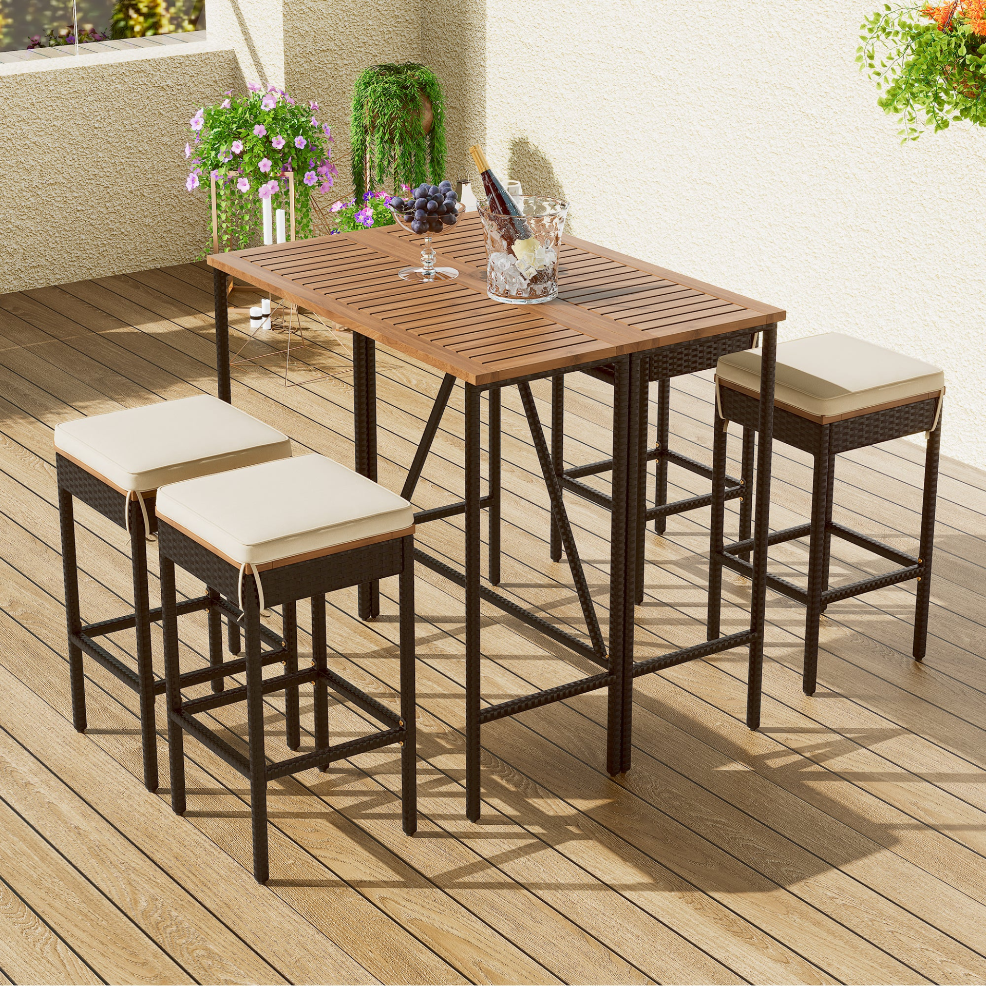 5-Piece Outdoor Acacia Wood Bar Height Table And Four Stools With Cushions, Garden PE Rattan Wicker Dining Table, Foldable Tabletop, High-Dining Bistro Set, All-Weather Patio Furniture, Brown