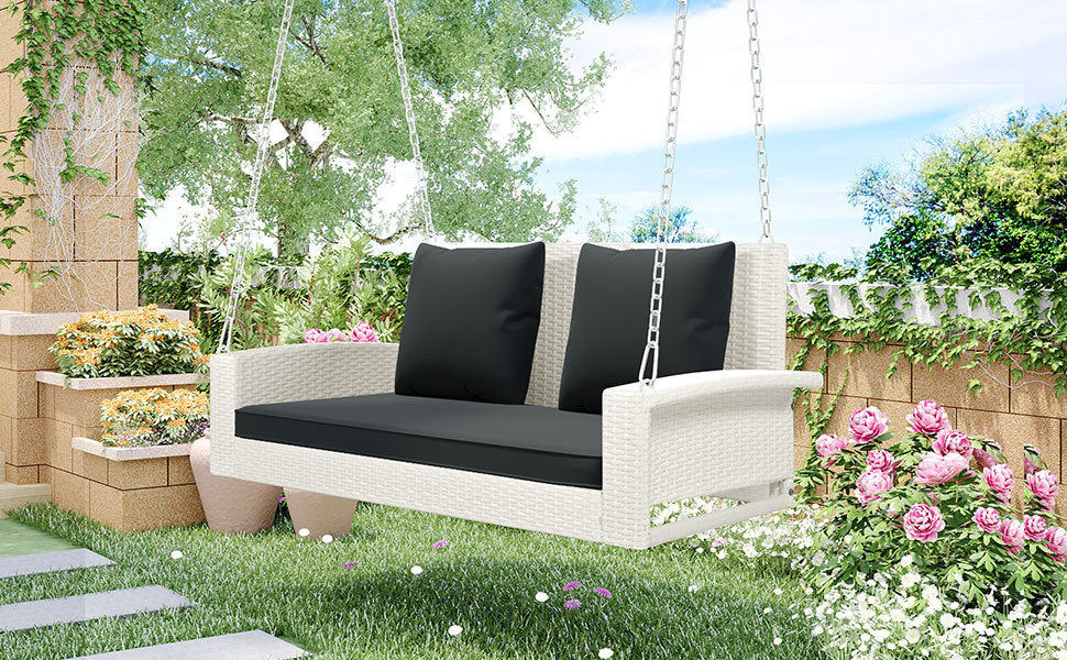 2-Person Wicker Hanging Porch Swing with Chains, Cushion, Pillow, Rattan Swing Bench for Garden, Backyard, Pond. (White Wicker, Gray Cushion)