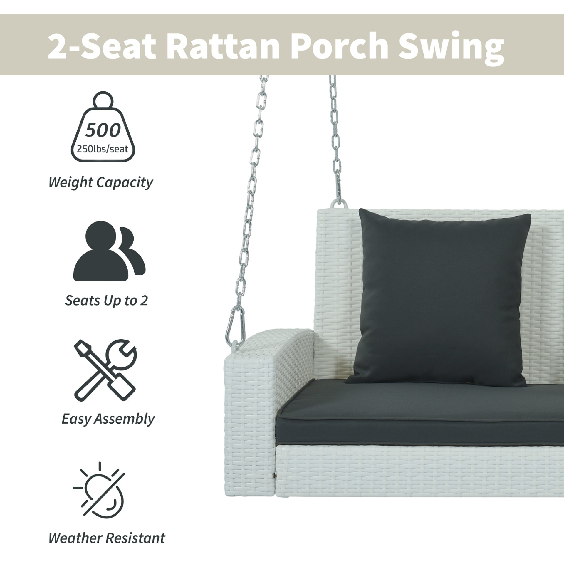 2-Person Wicker Hanging Porch Swing with Chains, Cushion, Pillow, Rattan Swing Bench for Garden, Backyard, Pond. (White Wicker, Gray Cushion)