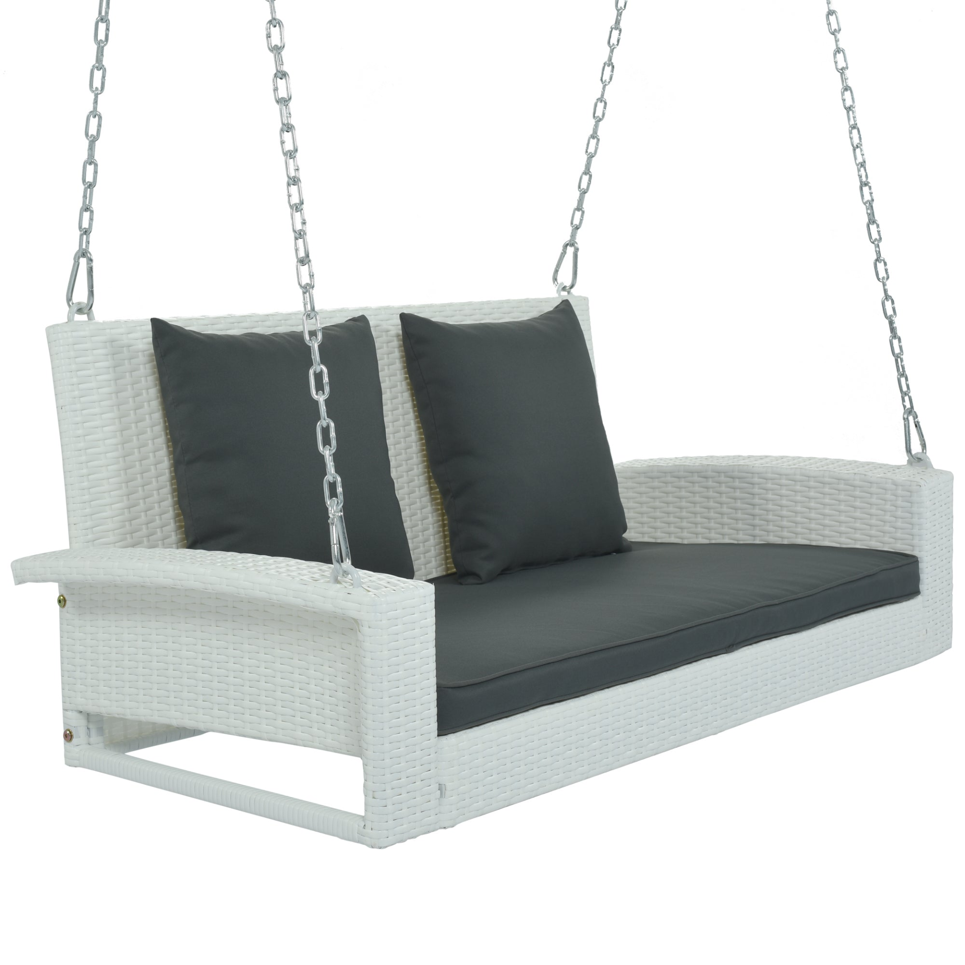 2-Person Wicker Hanging Porch Swing with Chains, Cushion, Pillow, Rattan Swing Bench for Garden, Backyard, Pond. (White Wicker, Gray Cushion)