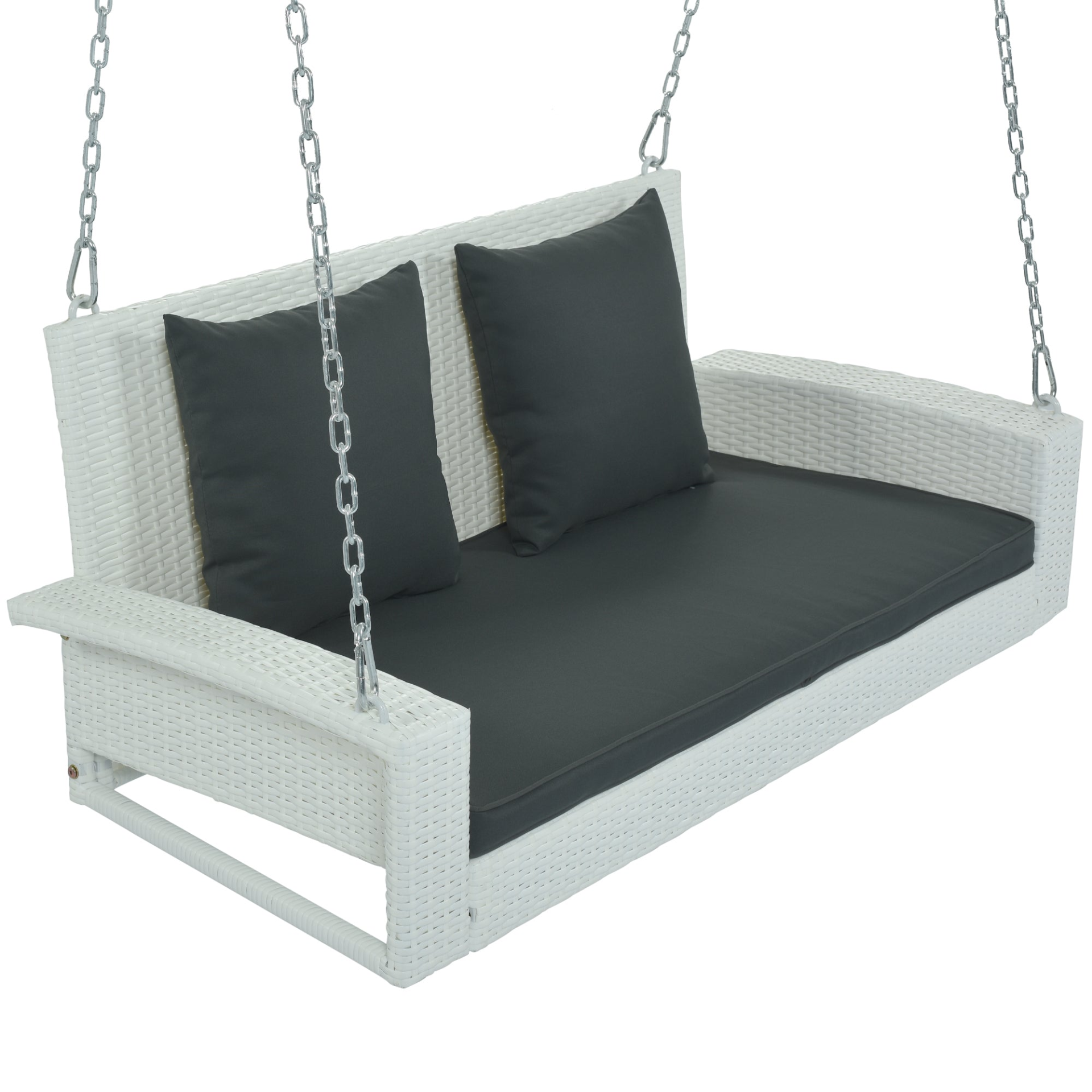 2-Person Wicker Hanging Porch Swing with Chains, Cushion, Pillow, Rattan Swing Bench for Garden, Backyard, Pond. (White Wicker, Gray Cushion)