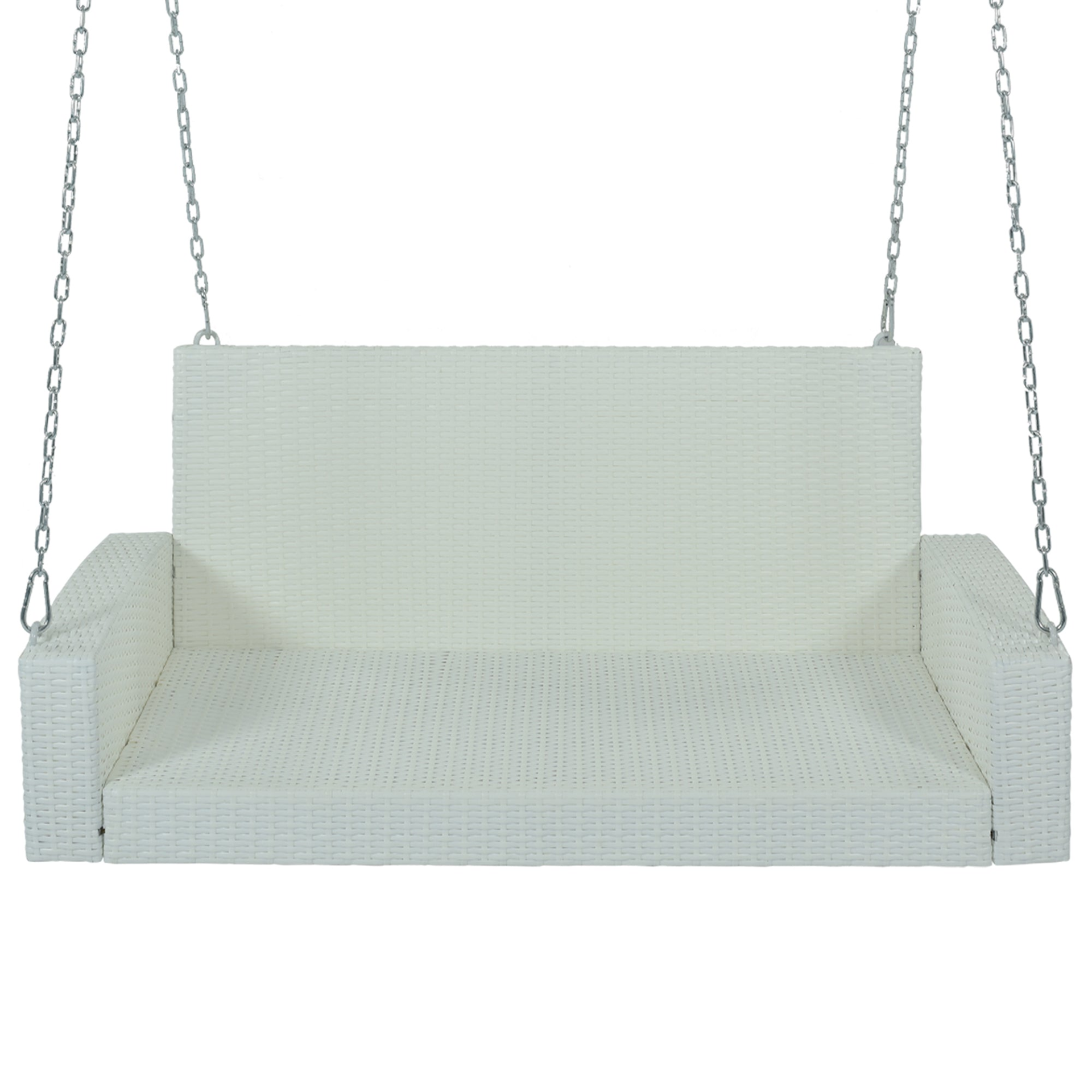 2-Person Wicker Hanging Porch Swing with Chains, Cushion, Pillow, Rattan Swing Bench for Garden, Backyard, Pond. (White Wicker, Gray Cushion)