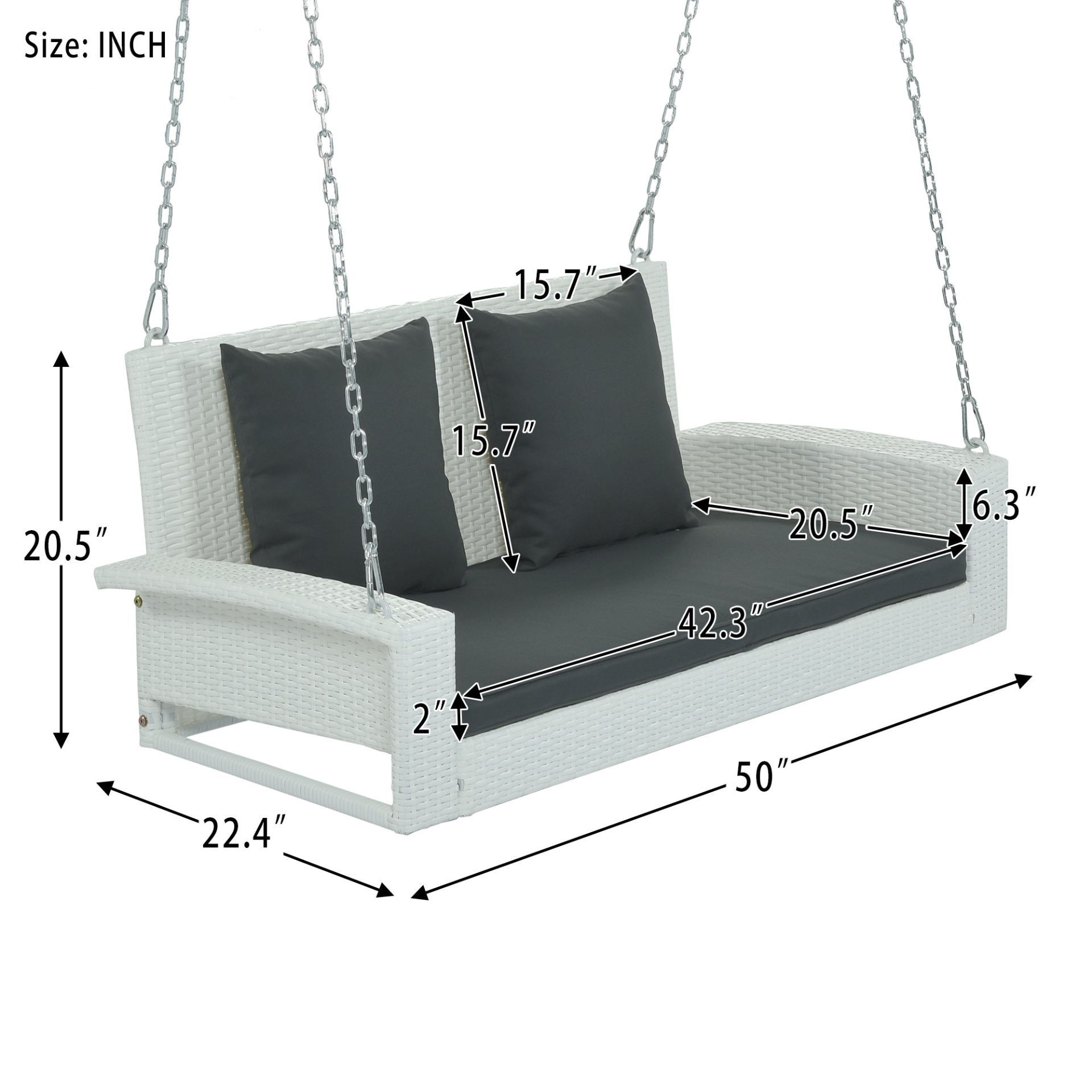 2-Person Wicker Hanging Porch Swing with Chains, Cushion, Pillow, Rattan Swing Bench for Garden, Backyard, Pond. (White Wicker, Gray Cushion)