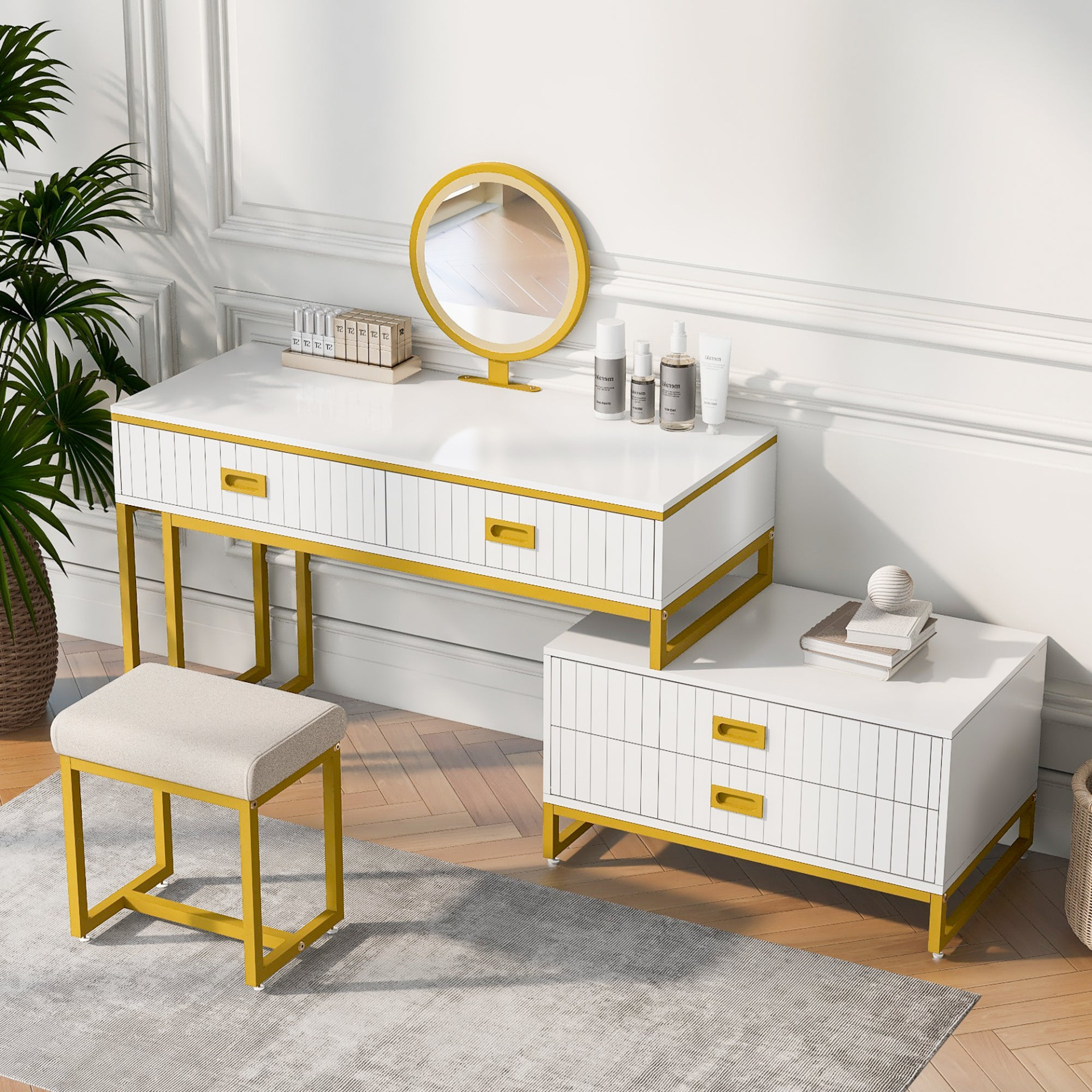 Modern Style Vanity Table With Movable Side Cabinet And 4-Drawers, Large Size Dressing Table With Mirror and 3-colors LED Light, Makeup Table With Stool, White, Golden Legs