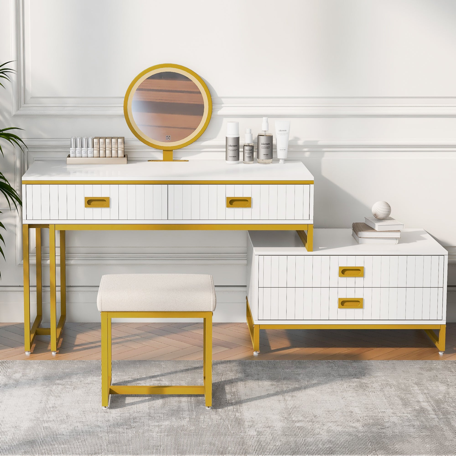 Modern Style Vanity Table With Movable Side Cabinet And 4-Drawers, Large Size Dressing Table With Mirror and 3-colors LED Light, Makeup Table With Stool, White, Golden Legs