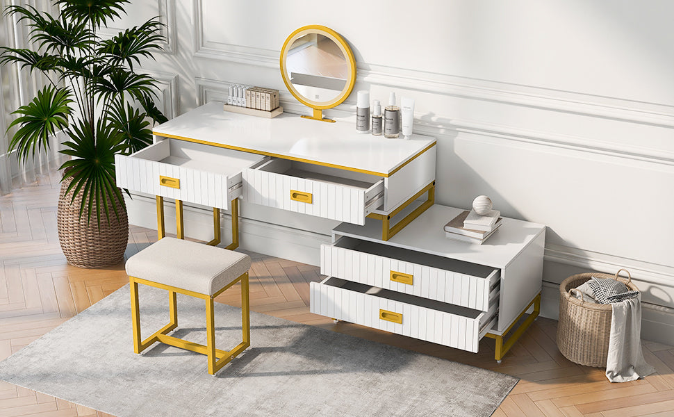 Modern Style Vanity Table With Movable Side Cabinet And 4-Drawers, Large Size Dressing Table With Mirror and 3-colors LED Light, Makeup Table With Stool, White, Golden Legs