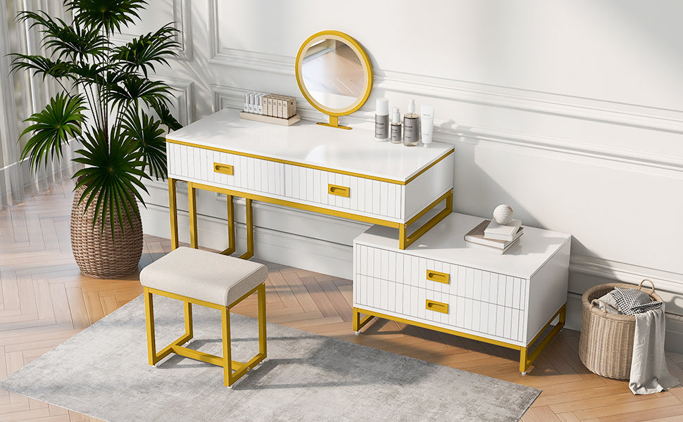 Modern Style Vanity Table With Movable Side Cabinet And 4-Drawers, Large Size Dressing Table With Mirror and 3-colors LED Light, Makeup Table With Stool, White, Golden Legs