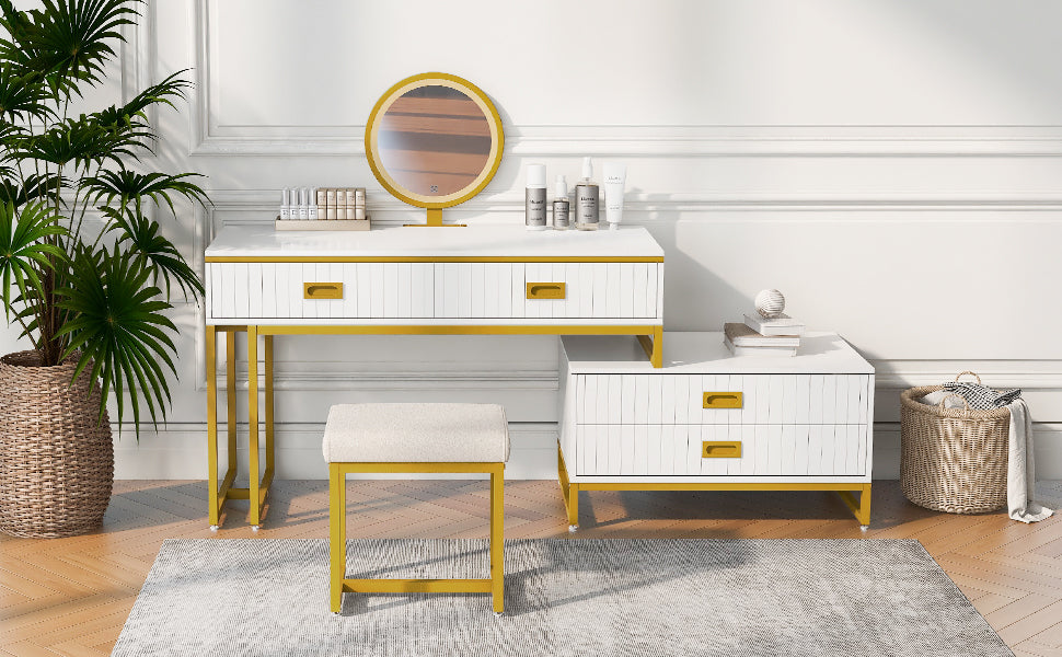 Modern Style Vanity Table With Movable Side Cabinet And 4-Drawers, Large Size Dressing Table With Mirror and 3-colors LED Light, Makeup Table With Stool, White, Golden Legs