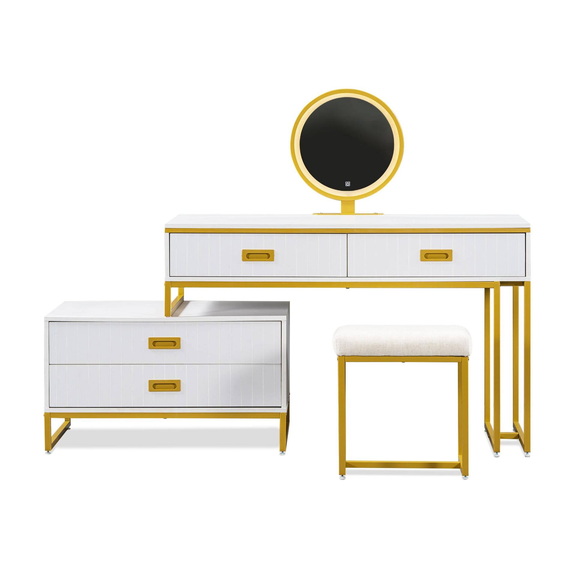 Modern Style Vanity Table With Movable Side Cabinet And 4-Drawers, Large Size Dressing Table With Mirror and 3-colors LED Light, Makeup Table With Stool, White, Golden Legs