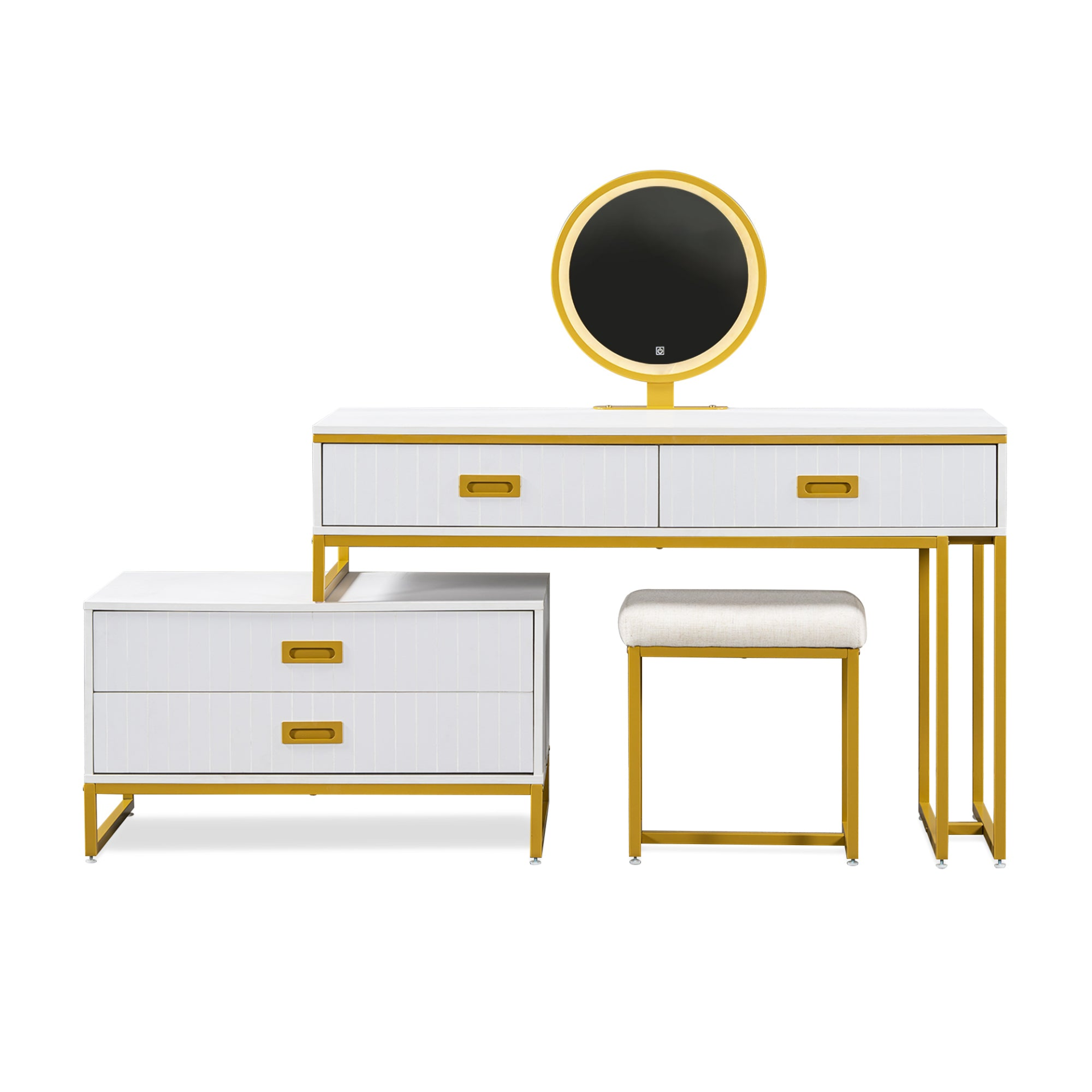 Modern Style Vanity Table With Movable Side Cabinet And 4-Drawers, Large Size Dressing Table With Mirror and 3-colors LED Light, Makeup Table With Stool, White, Golden Legs