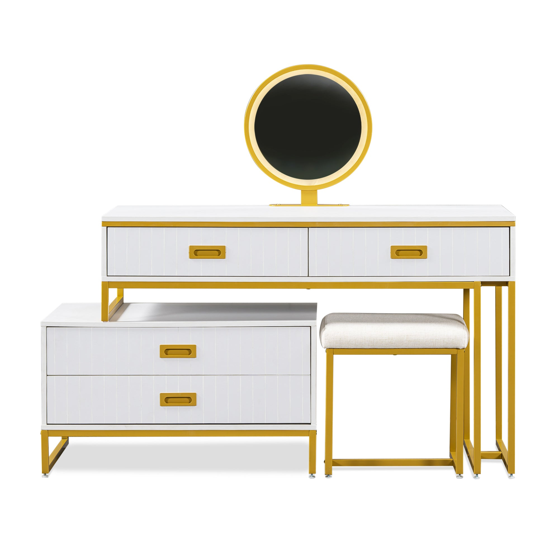 Modern Style Vanity Table With Movable Side Cabinet And 4-Drawers, Large Size Dressing Table With Mirror and 3-colors LED Light, Makeup Table With Stool, White, Golden Legs