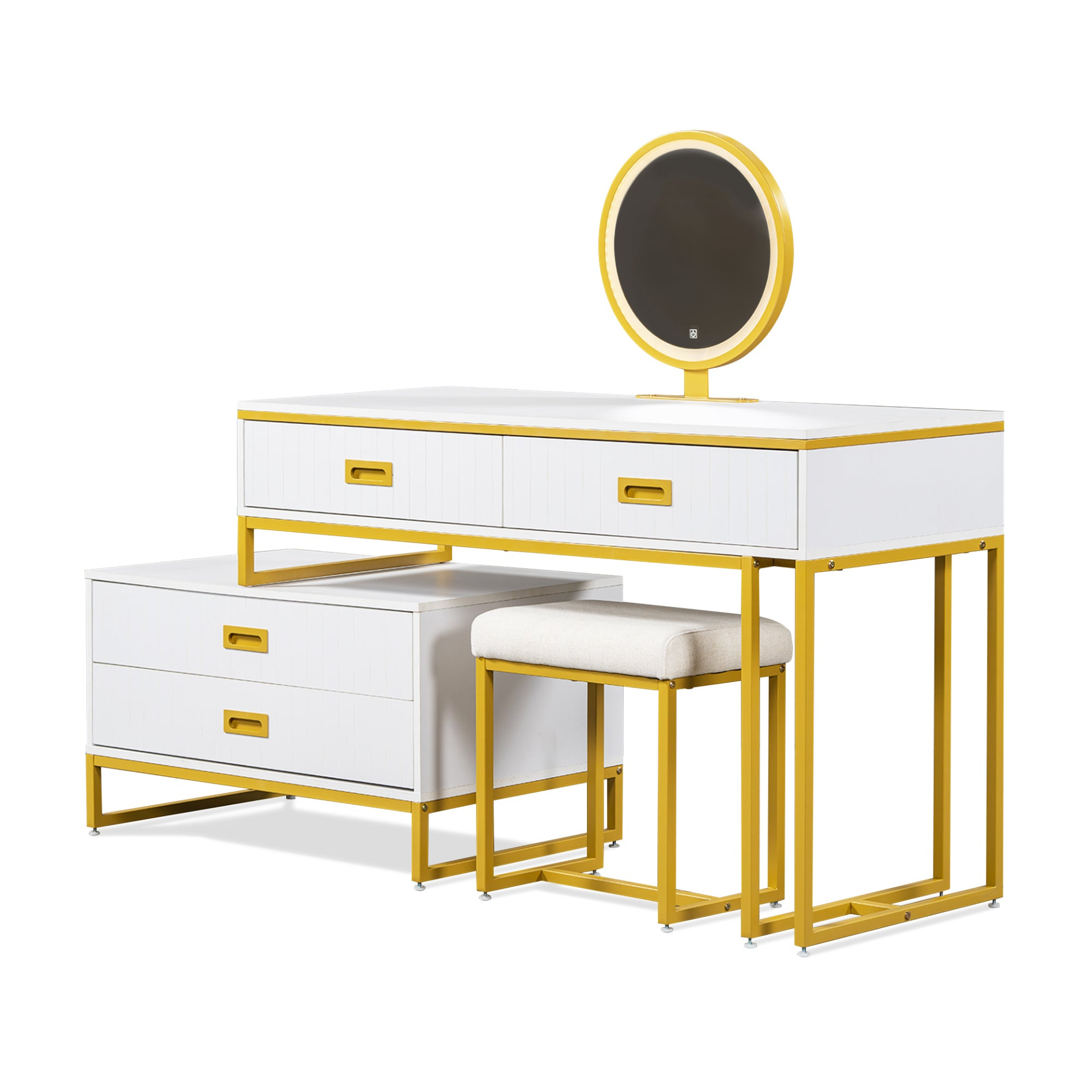 Modern Style Vanity Table With Movable Side Cabinet And 4-Drawers, Large Size Dressing Table With Mirror and 3-colors LED Light, Makeup Table With Stool, White, Golden Legs