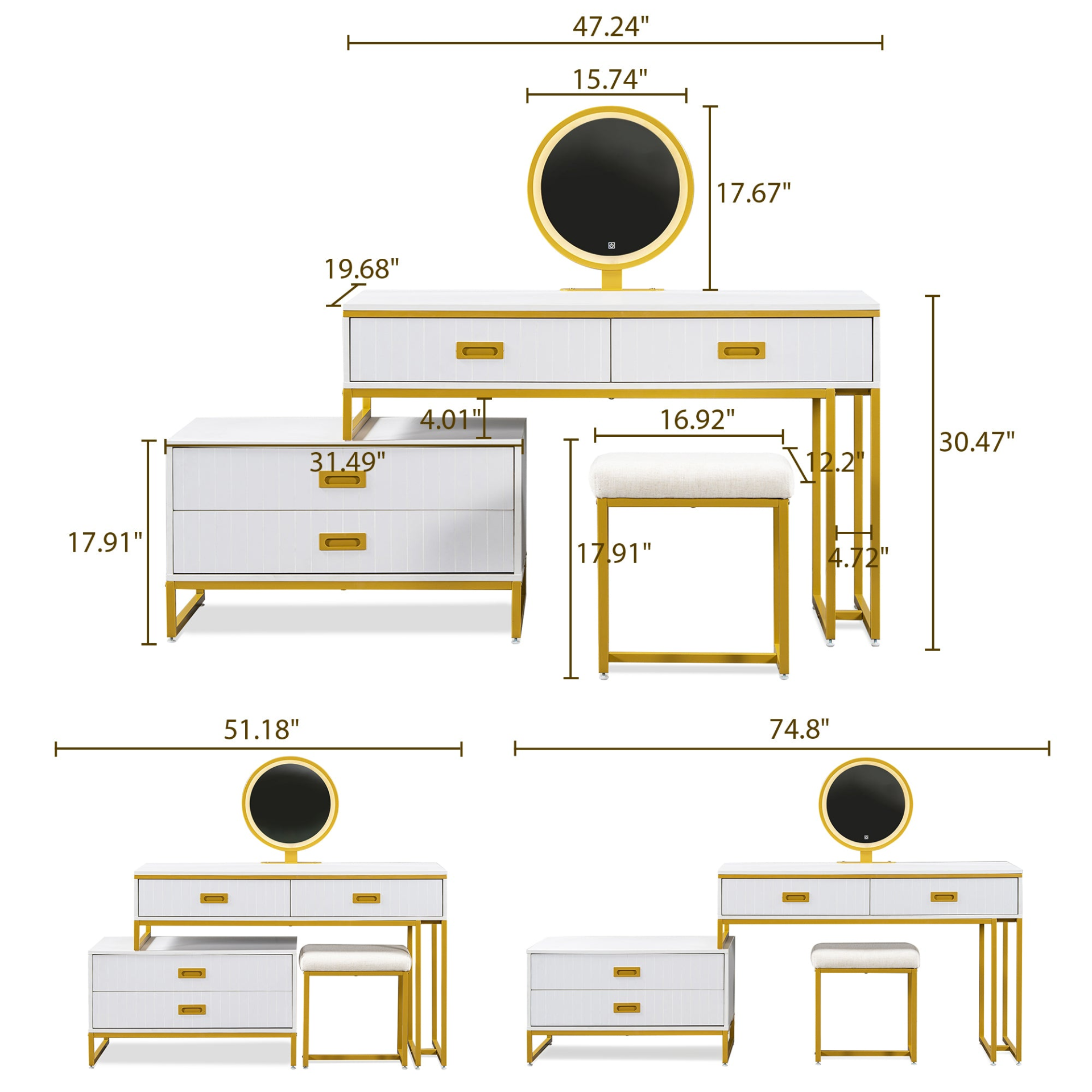 Modern Style Vanity Table With Movable Side Cabinet And 4-Drawers, Large Size Dressing Table With Mirror and 3-colors LED Light, Makeup Table With Stool, White, Golden Legs